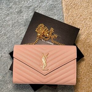 YSL Cassandre Chain Wallet Leather Dark Beige